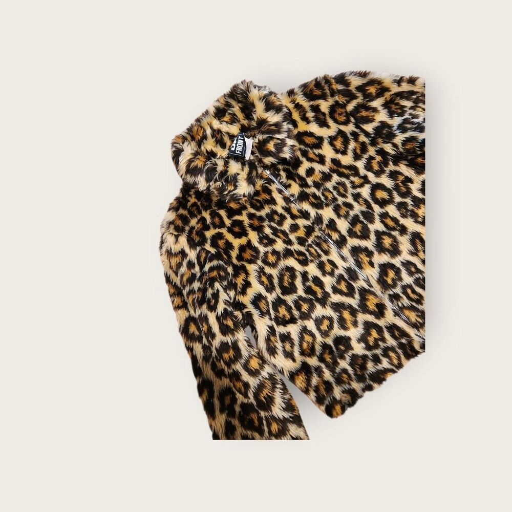 Vintage 90s Up Front brown cheetah print fuzzy full zip cropped collared jacket - Picture 3 of 5